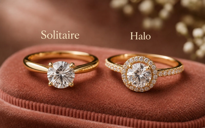 Nhẫn cầu hôn đính viên kim cương 6 ly kiểu solitaire và halo