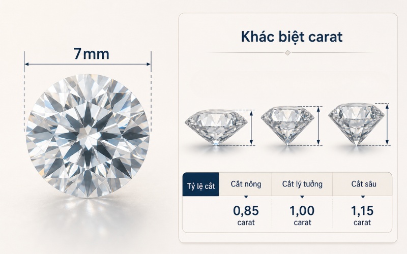 Sự khác nhau giữa kích thước mặt với carat thực tế