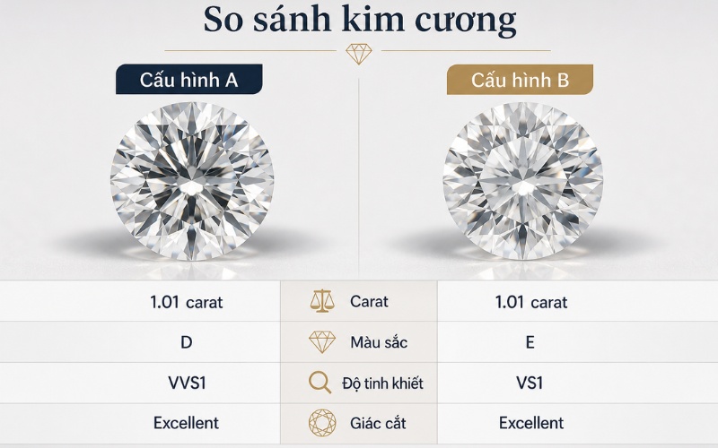 So sánh hai viên kim cương A và B với cấu hình khác nhau