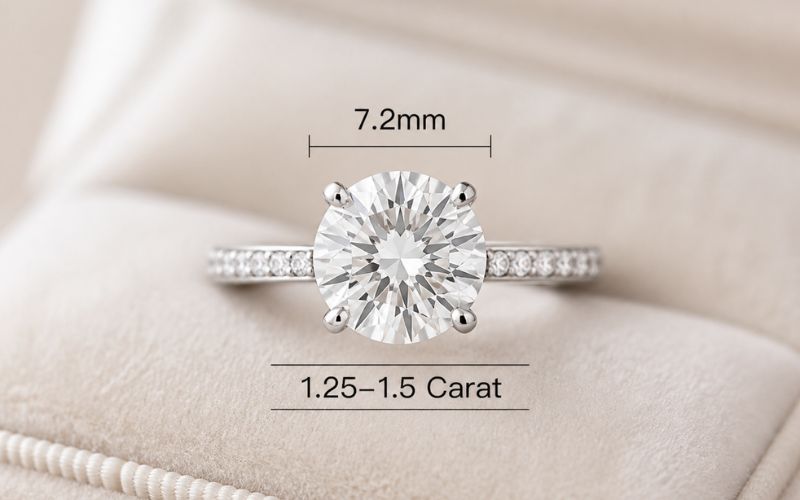 Một viên kim cương 7.2mm thường tương đương trọng lượng khoảng 1.25 đến 1.5 carat