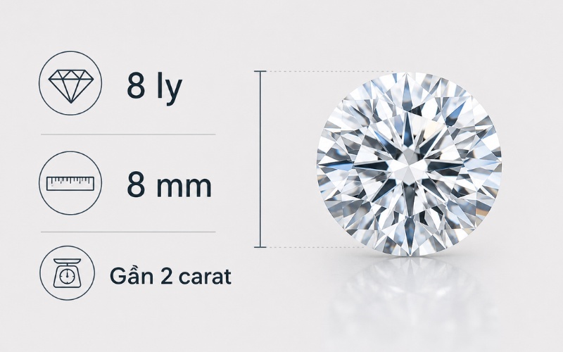 Kim cương 8 ly có trọng lượng khoảng 2 carat