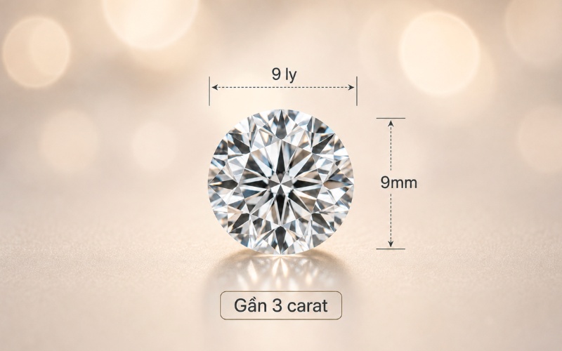 Kim cương 9 ly có kích thước khoảng 3 carat