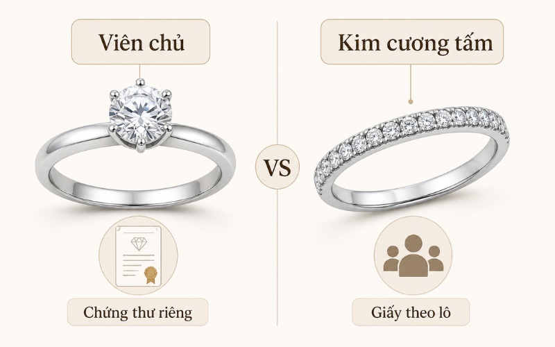 Nhẫn đính viên kim cương tấm dưới 2.5 ly thường có giấy kiểm định theo lô
