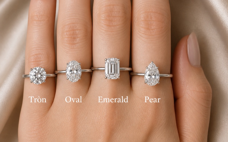 So sánh Round Brilliant, Oval, Emerald và Pear trong cùng phong cách nhẫn solitaire