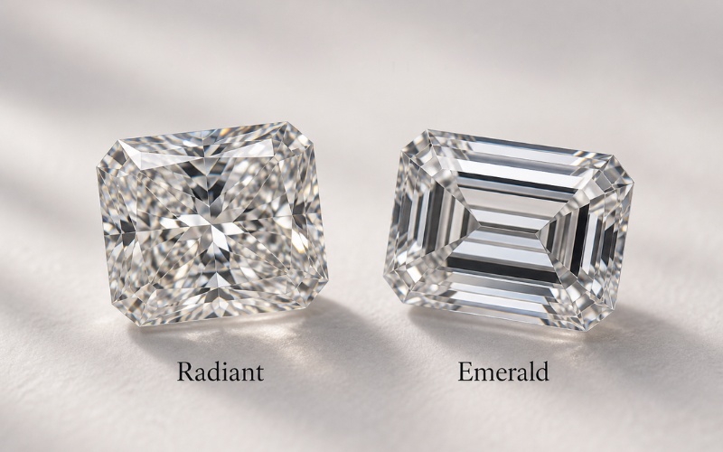 So sánh hai viên kim cương giác cắt Radiant và Emerald