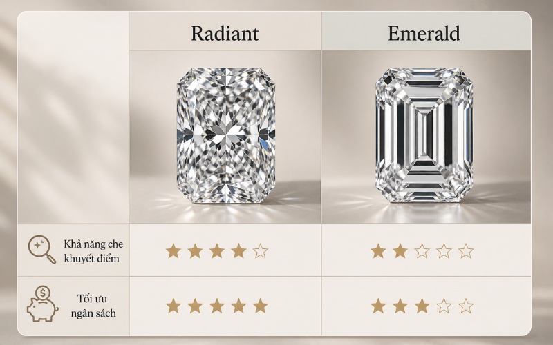 Kim cương Emerald lộ tạp chất hơn Radiant