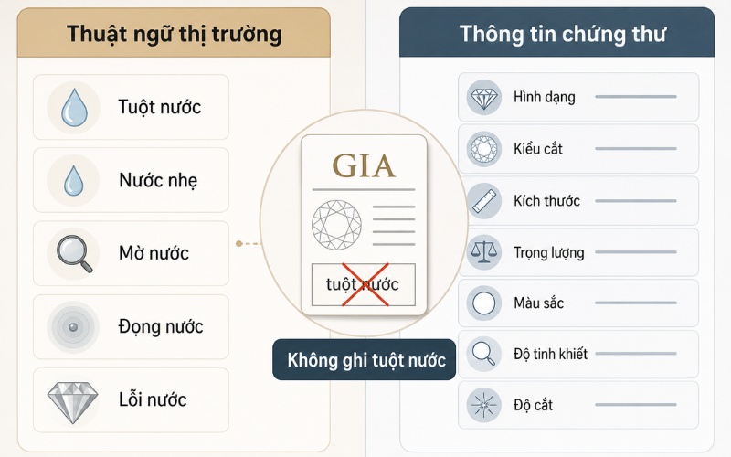 Thuật ngữ thị trường và thông tin trên giấy kiểm định GIA về kim cương tuột nước