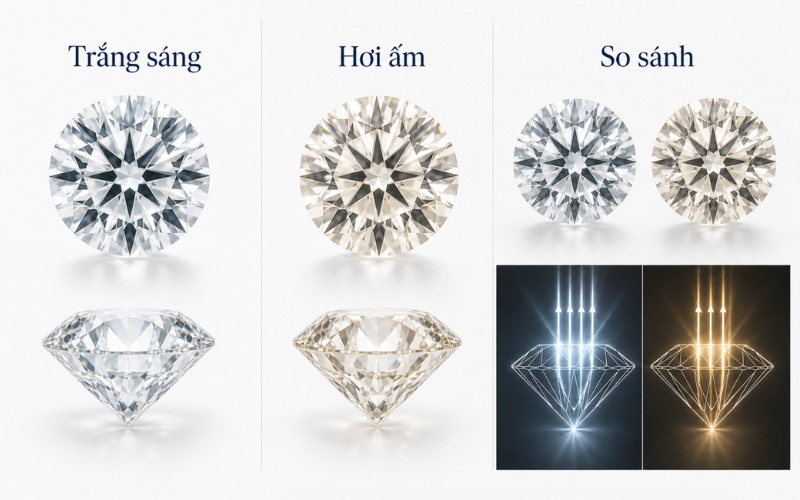 So sánh kim cương tuột nước và viên cùng cấp màu GIA