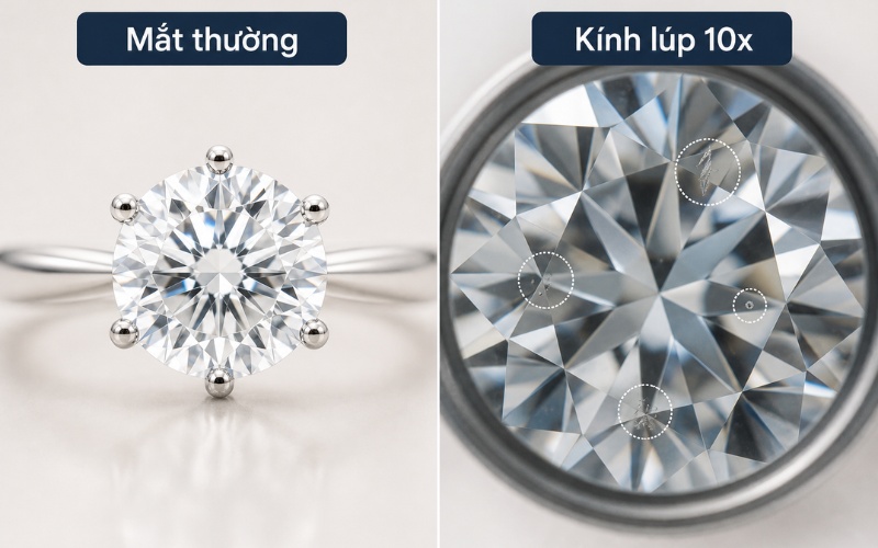 Viên kim cương khi nhìn bằng mắt thường và nhìn dưới kính lúp 10x