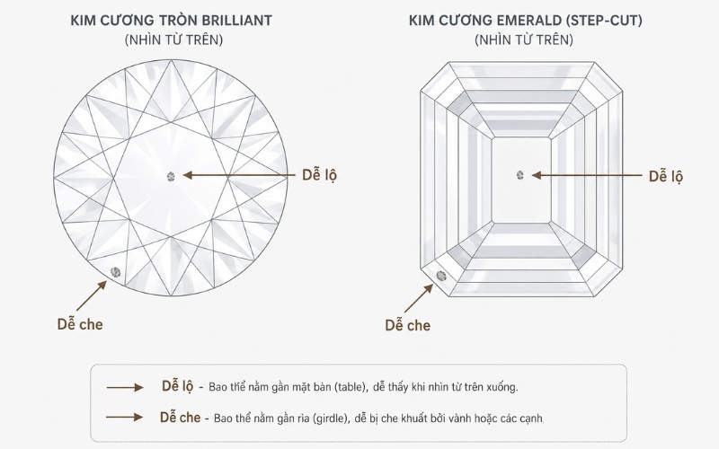 Vị trí bao thể gần mặt bàn và sát rìa trên viên kim cương