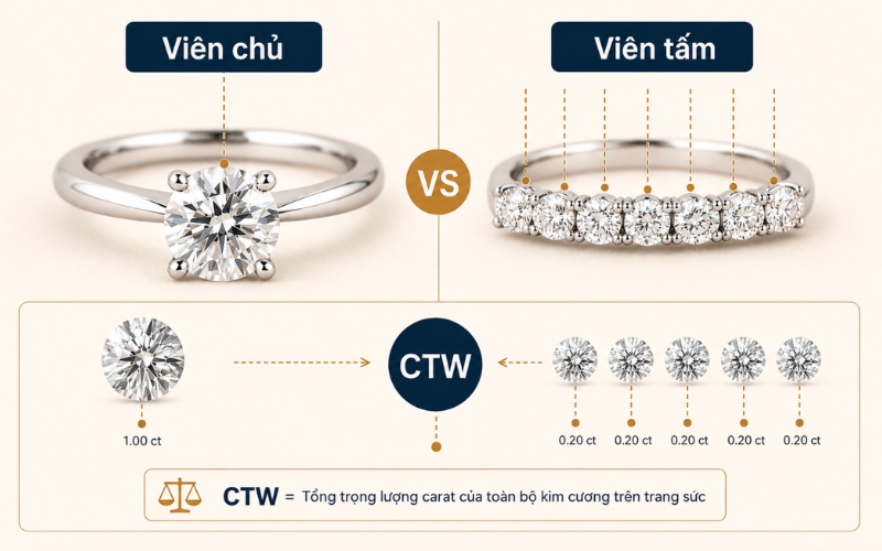 So sánh nhẫn một viên và nhẫn nhiều viên theo CTW