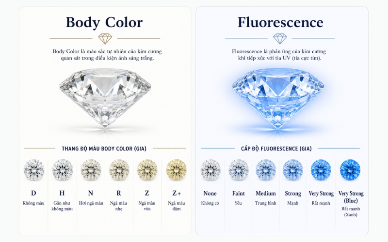 So sánh Body Color và Fluorescence của viên kim cương