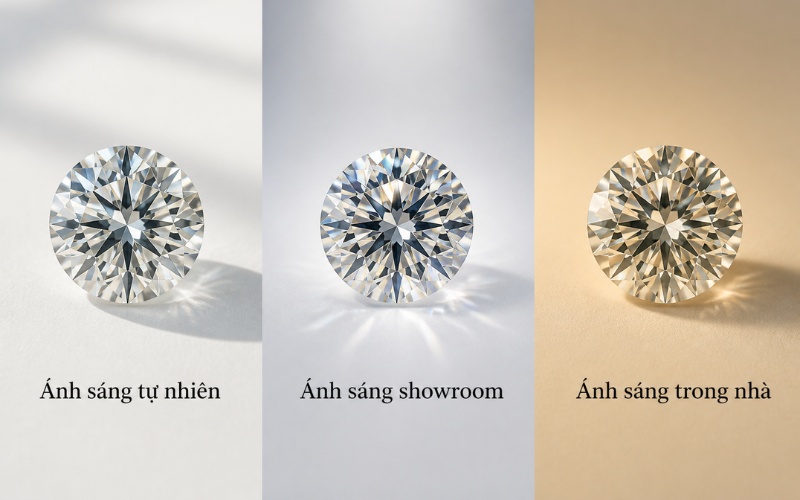 So sánh kim cương dưới ánh sáng tự nhiên và showroom