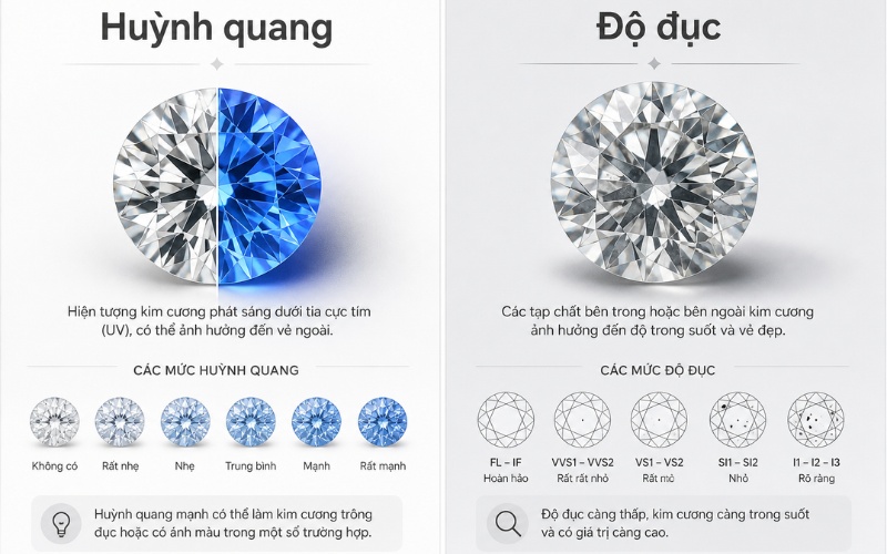 Huỳnh quang và độ đục là hai vấn đề khác nhau của viên kim cương