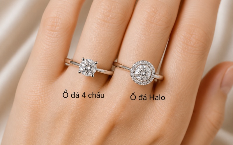 Nhẫn đính hôn thiết kế kiểu solitaire và halo