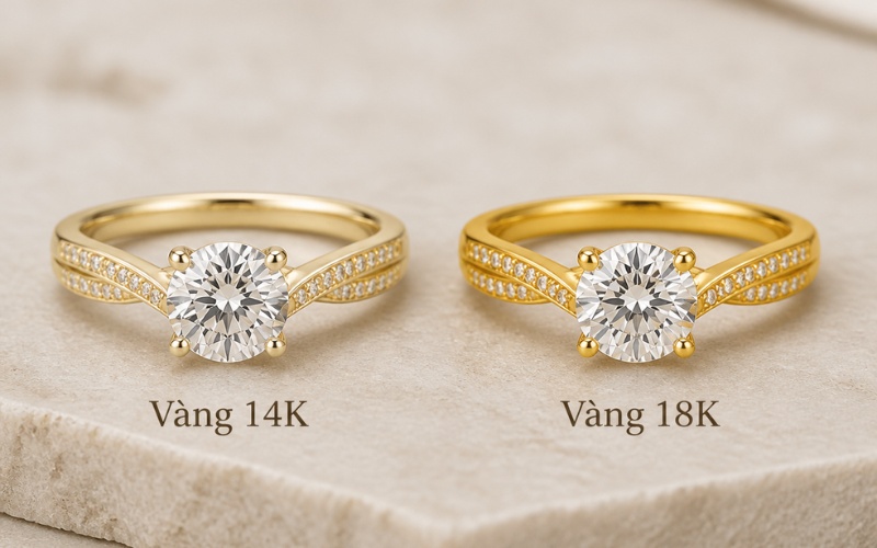 So sánh nhẫn cầu hôn vàng 14K và vàng 18K