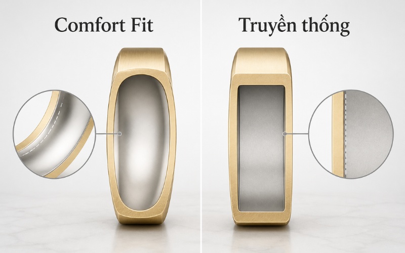 So sánh nhẫn cưới comfort fit và lòng nhẫn phẳng