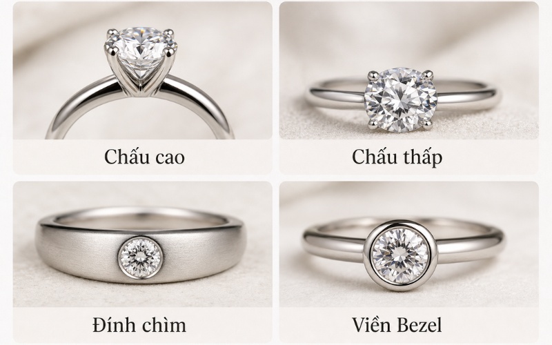 Các kiểu đính đá nhẫn cưới 1 viên đá
