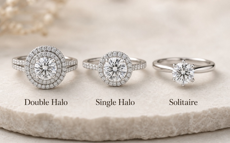 So sánh kiểu nhẫn Double Halo, Halo đơn và Solitaire