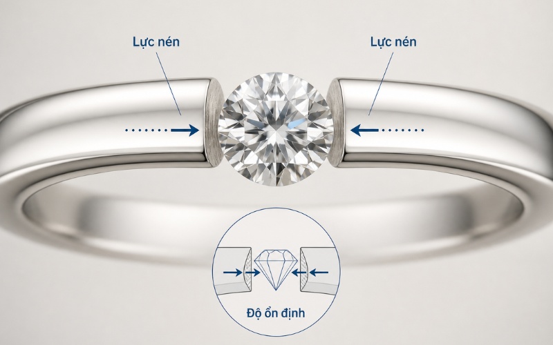 Cách nhẫn tension giữ đá bằng lực nén