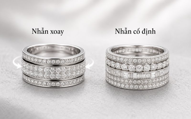 Nhẫn xoay kim cương là dòng trang sức tích hợp vòng chuyển động 360 độ quanh trục cố định
