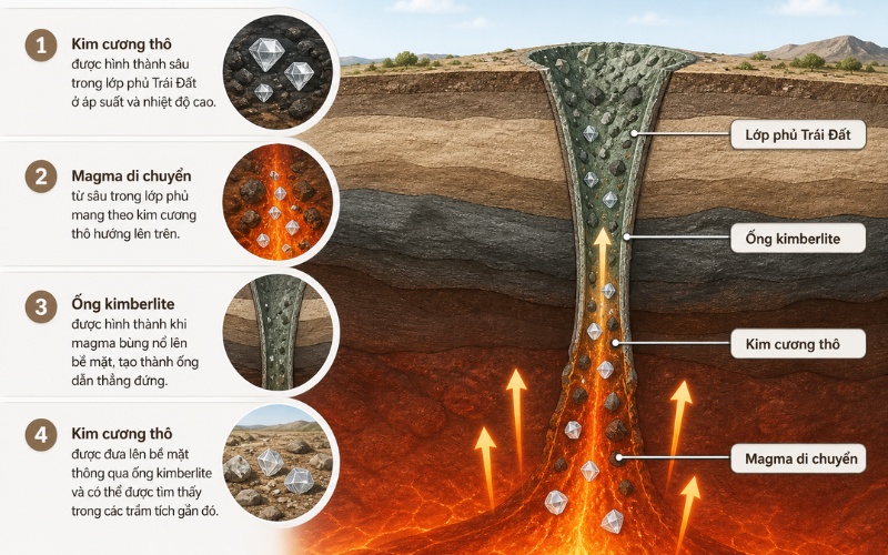 Quá trình kim cương đi lên bề mặt qua ống kimberlite