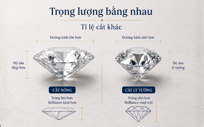 So sánh hai viên cùng carat nhưng cảm quan khác nhau do tỷ lệ cắt