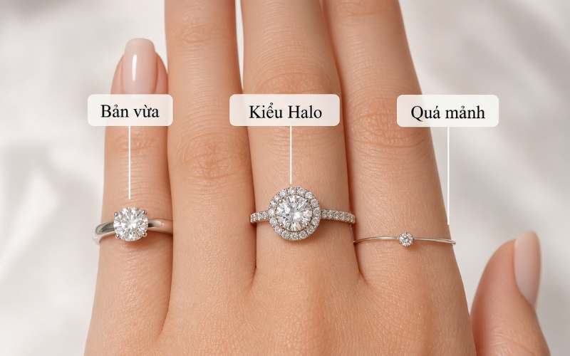 Tay gầy đeo nhẫn bản vừa sẽ đẹp hơn so với bản mảnh