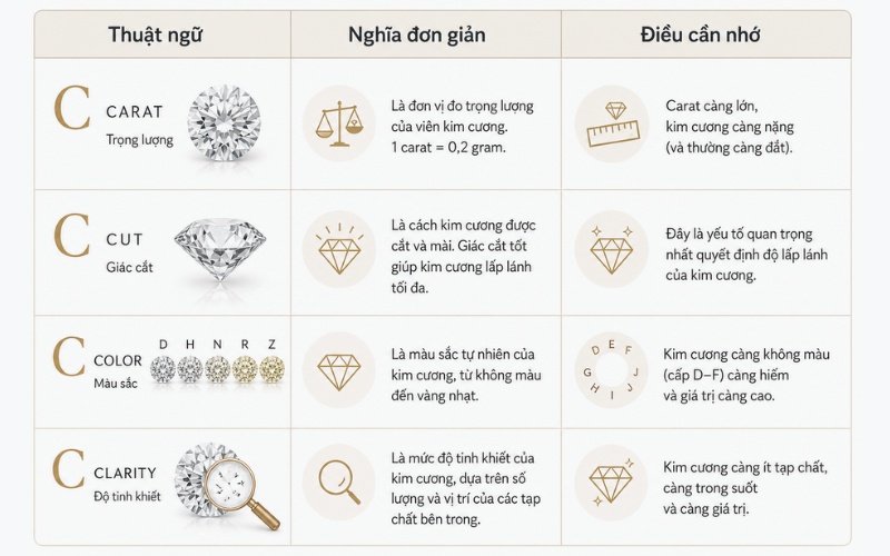 Bảng giải thích tiêu chuẩn 4C của kim cương