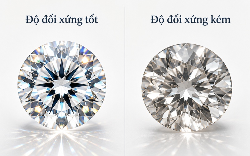 So sánh một viên có symmetry tốt và một viên đối xứng kém hơn