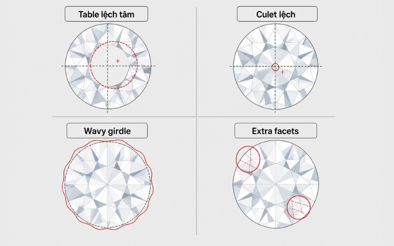 Minh họa các lỗi symmetry thường gặp ở viên kim cương