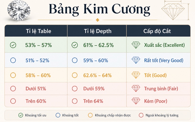 Bảng tra table và depth kim cương tham khảo