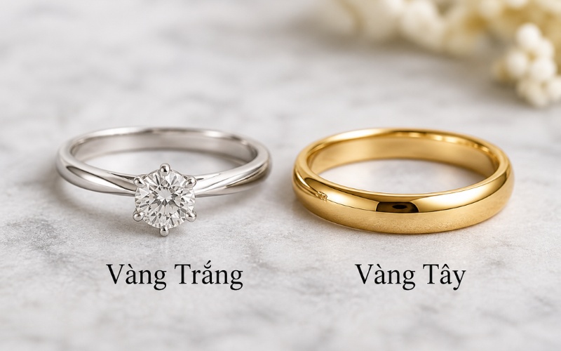 Nhẫn vàng trắng đính đá trắng và nhẫn vàng tây tông ấm