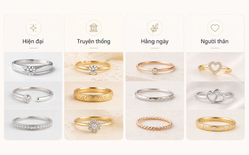 Chọn nhẫn theo gu hiện đại, truyền thống, đeo hằng ngày và tặng người thân