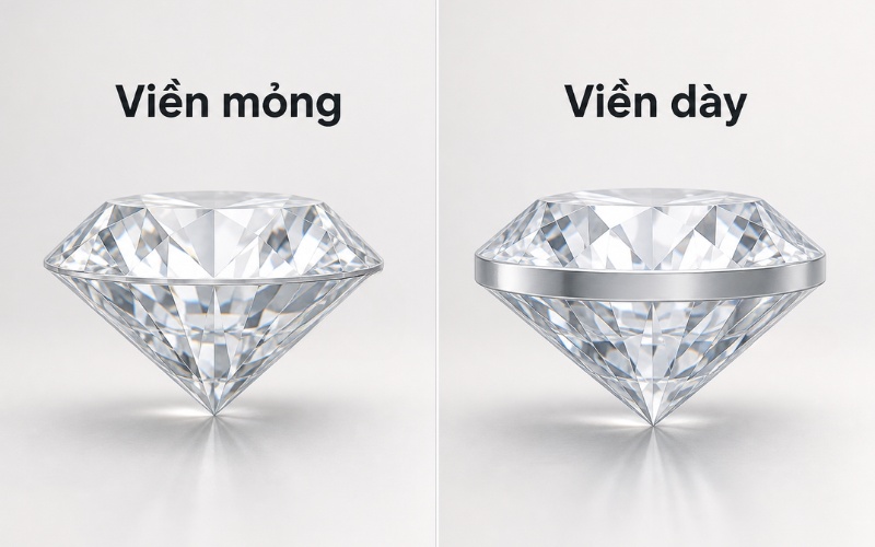 Hình minh hoạ viên kim cương có viền cạnh kim cương mỏng và dày