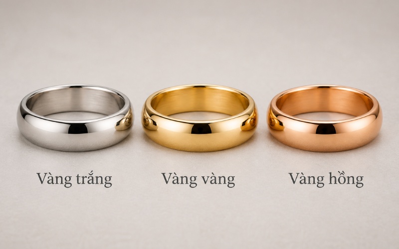 So sánh màu vàng trắng, vàng vàng và vàng hồng trên cùng một form nhẫn