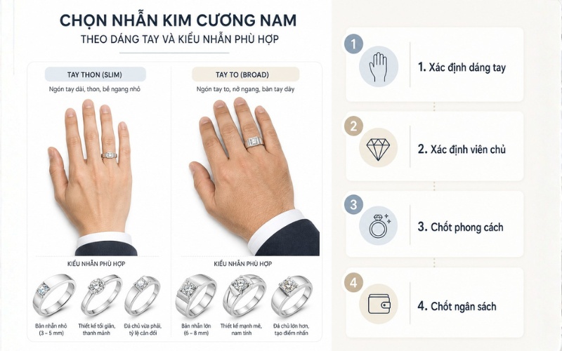 Cách chọn nhẫn kim cương nam theo dáng tay
