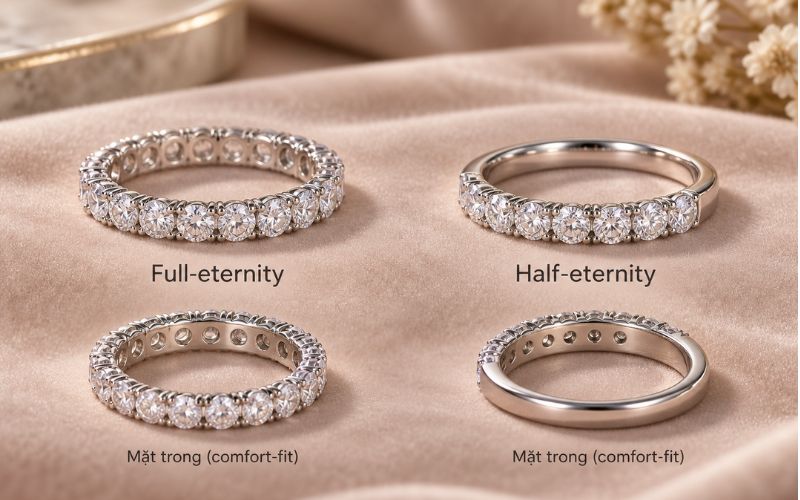 Nhẫn eternity là thiết kế có dải đá chạy quanh toàn bộ hoặc một phần vòng nhẫn