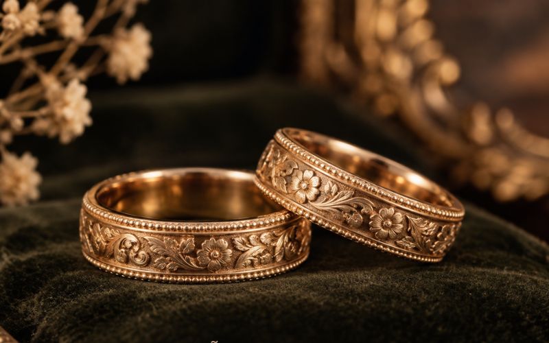 Nhẫn cưới vintage tạo chiều sâu bằng hoa văn, đường viền, chạm khắc hoặc chi tiết mang tinh thần cổ điển