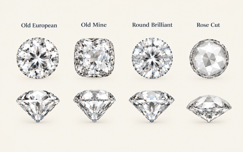So sánh mặt trên và mặt bên của Old European, Old Mine, Round Brilliant và Rose Cut
