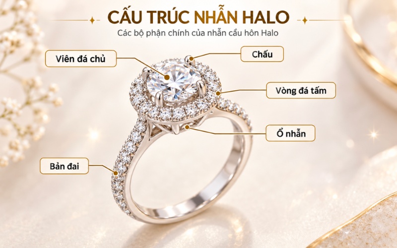 Cấu trúc nhẫn cầu hôn Halo gồm viên đá chủ, đá tấm và ổ nhẫn