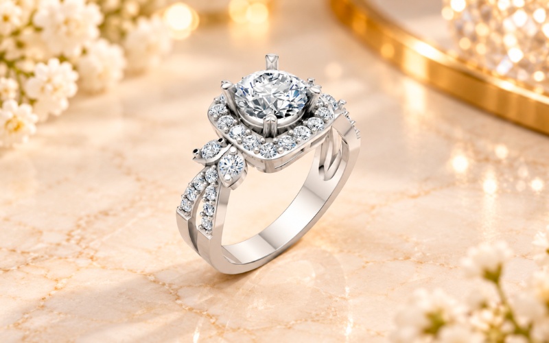 Nhẫn cầu hôn Halo R216 đai kép và viền Halo vuông tinh tế