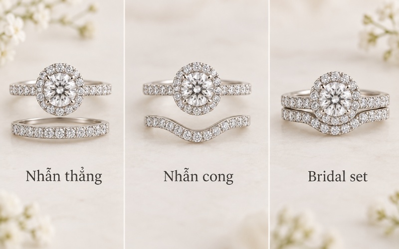 Ghép nhẫn Halo với nhẫn cưới thẳng, nhẫn cưới cong và Bridal set