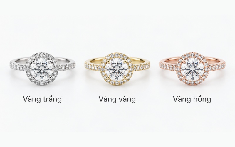 So sánh nhẫn Halo trên vàng trắng, vàng vàng và vàng hồng
