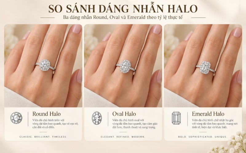 Ba dáng tay đeo nhẫn Round, Oval và Emerald Halo