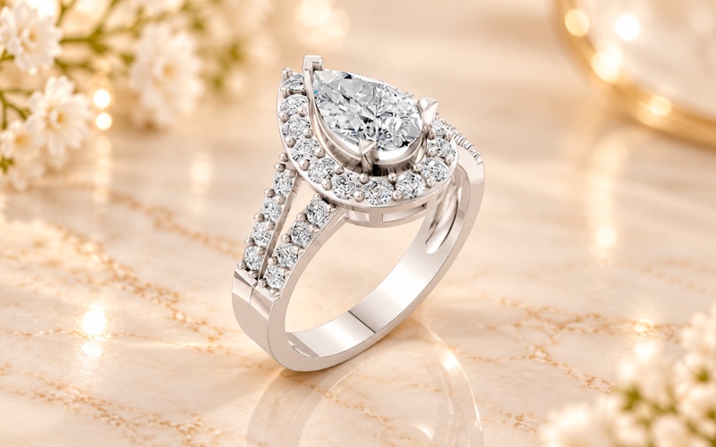 Nhẫn cầu hôn Halo R215 đá chủ và vòng Halo dáng Pear thanh lịch