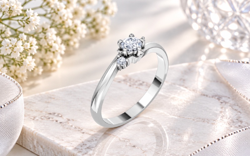 Nhẫn kim cương R447 đính đá tròn, thiết kế bất đối xứng tinh tế