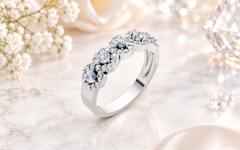 Nhẫn kim cương R212 thiết kế thanh lịch với 5 viên đá tấm liền kề