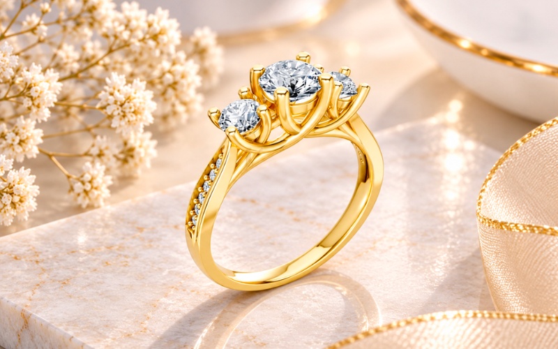 Nhẫn kim cương R314 thiết kế ba viên đá cổ điển, tinh xảo