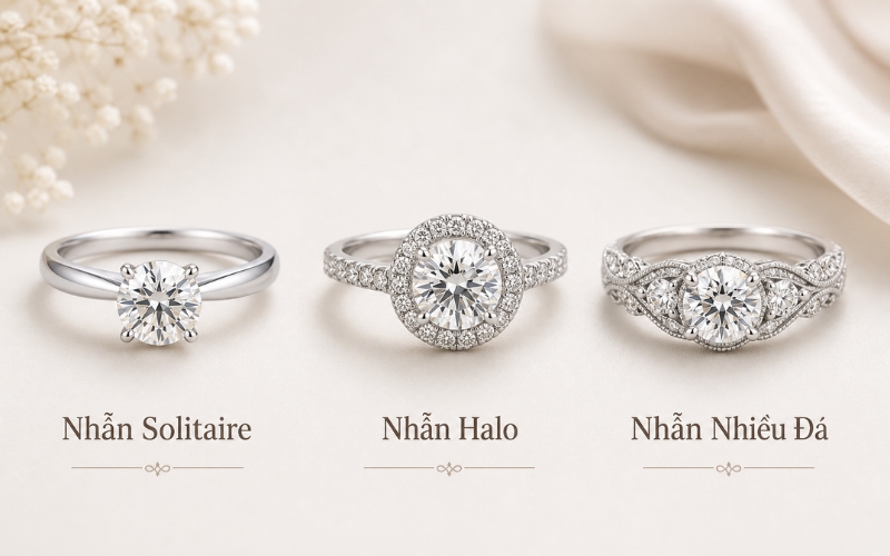 So sánh nhẫn 1 hột đơn giản và nhẫn halo
